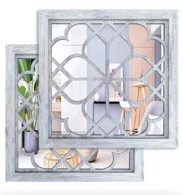 Wocred 2 PCS Square Wall Mirror Rustic Farmhouse Accent Rustic White Gray Color - Image 1 of 4