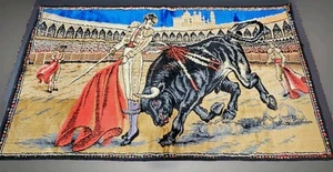 VTG 70s Spanish Matador Bull Fighter Wall Tapestry Rug Velvety 38.5"×20" READ  - Picture 1 of 14