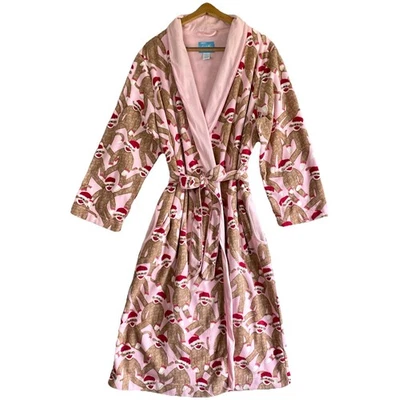 Nick & Nora Robe Womens L XL Pink Santa Sock Monkeys Lined Long Fleece Belted - Image 1 of 4