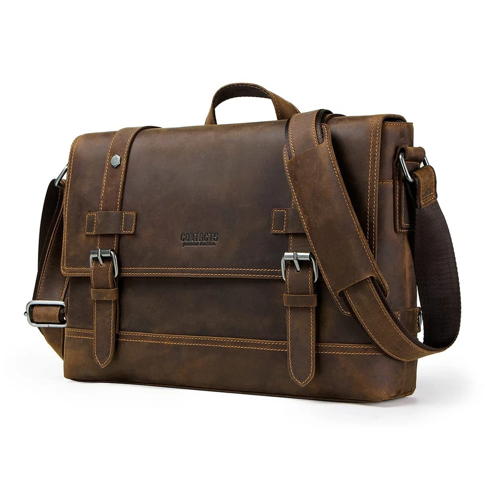 Contacts Crazy Horse Leather Messenger Bag for Men 12 Inch Laptop Briefcase C...