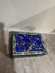 Antike chinesische Cloisonné Emaille vergoldete Metalldose Holz gefüttert Kobaltblau um 1900 - Bild 1 von 3