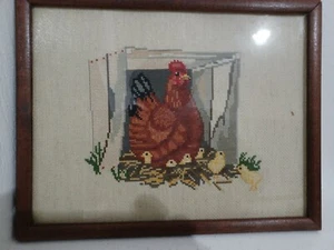 Vintage Finished Cross Stitch Red Buckeye Farm Hen Chicks Frame Picture 10×10" - Picture 1 of 8