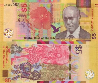 Bahamas 5 Dollars (2020) - Map of Bahamas/Hibiscus, p78, B351a UNC - Image 1 of 3