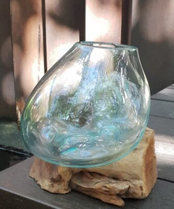 Molten Glass on Wood Medium Bowl Handcrafted Adorable Decoration - Picture 1 of 4