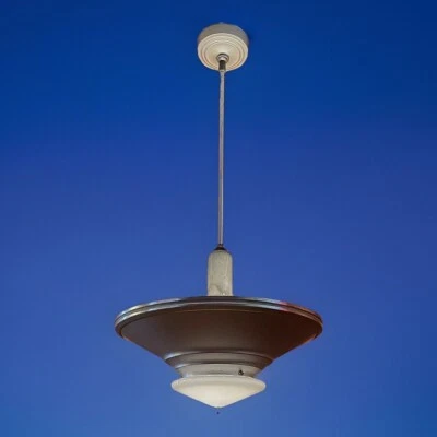 Antique 30s 40s Art Deco Machine Age Industrial LARGE Pendant Chandelier Light - Image 1 of 4