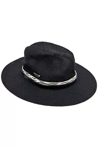 Vince Camuto Double Buckle Straw Panama Hat Black - Picture 1 of 2