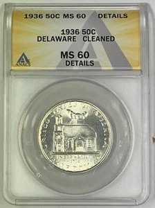 1936 Delaware Half Dollar Commemorative Coin ANACS MS-60 Details (Looks Better) - Picture 1 of 2