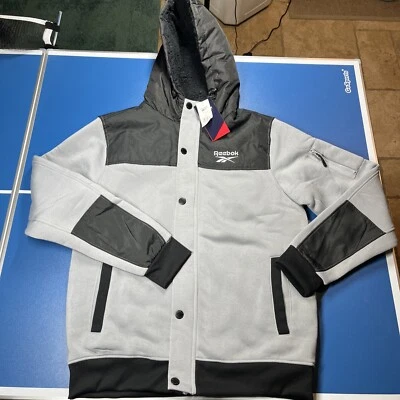 Reebok Mens Jacket L Fleece Quilted Hooded Zip Front Long Sleeve Black Gray $140 - Image 1 of 4