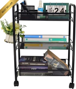 Mesh Utility Cart, Rolling Basket Stand, 3-Tier Metal Storage Trolley, Black - Picture 1 of 12