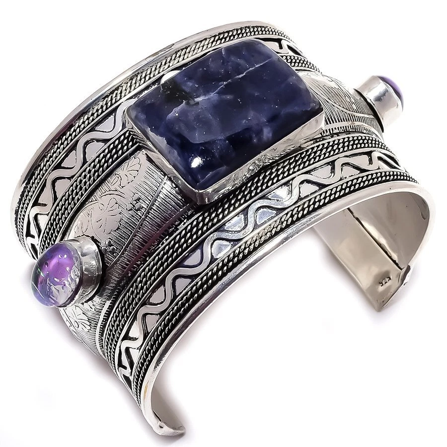 Браслет-манжета из серебра 925 пробы ручной работы с содалитом и опалом регулируемый R-816 - Изображение 1 из 1