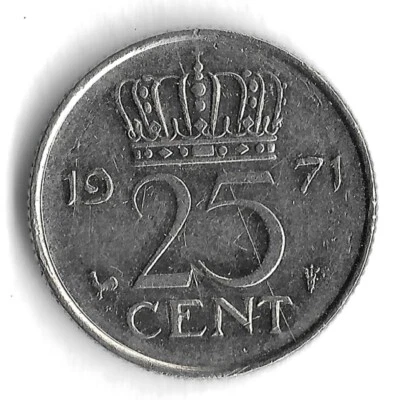 Moneda mundial de 25 centavos de los Países Bajos 1971 - KM# 183 Foto 1 de 2