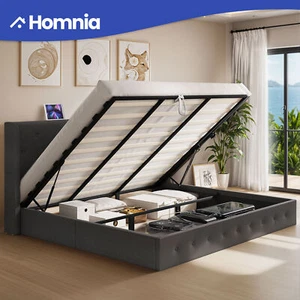 King Size Upholstered Bed Frame Gray Headboard Lift Up Storage Charging Station - Picture 1 of 11