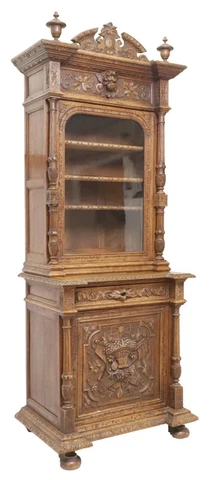 Antique Cabinet, French Henri II Style Oak Stepback, Crest, Crown, Glazed, 1800s Cover