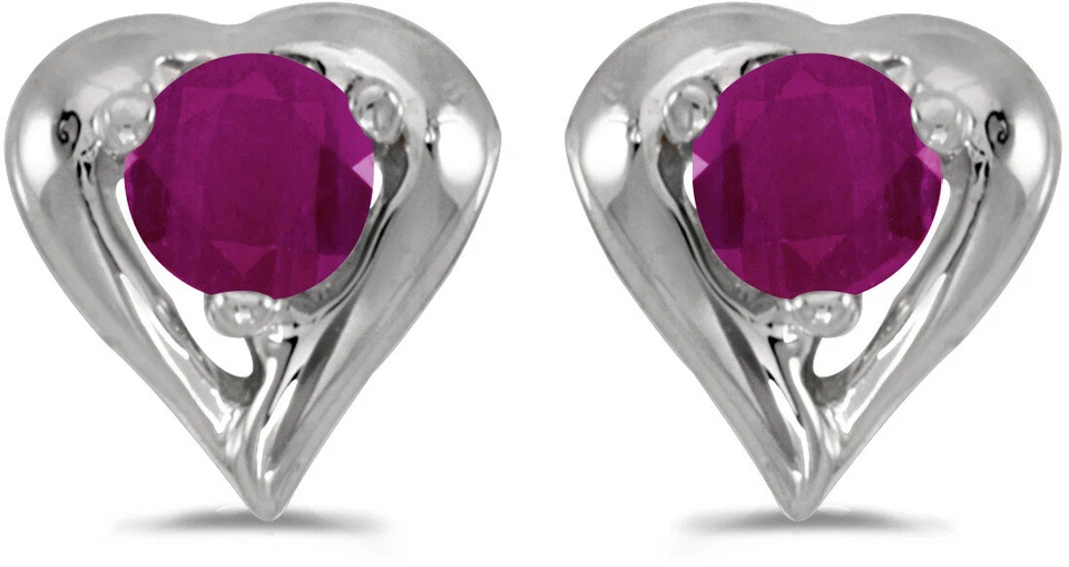 14k White Gold Round Ruby Heart Earrings - Image 1 of 1