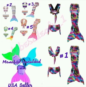 Girls Swimmable Mermaid Tail Swimsuit Bikini Swimwear Swimming USA SELLER 4T-12 - Picture 1 of 10