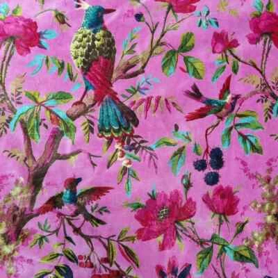 Luxury Soft Velvet Bird Print Fabric Indian Dress Sewing Upholstery Pink Fabric - Image 1 of 4