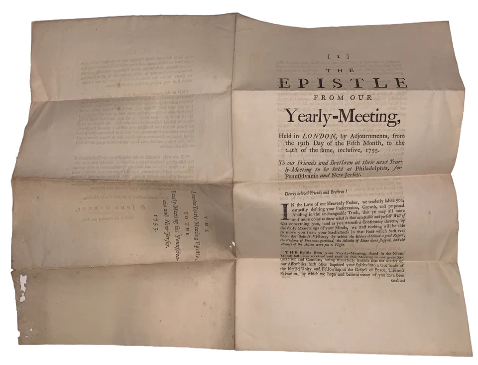 1755, PHILADELPHIA, QUAKER EPISTLE, LONDON MEETING, TO PENNSYLVANIA & NEW JERSEY - Image 1 of 4