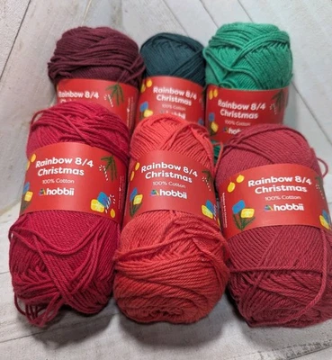 Hobbii Rainbow 8/4 Christmas Yarn-Lot of 6 Skeins-100% Cotton - Image 1 of 4