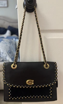 Coach Parker Studded Leather & Suede Shoulder Bag – Black with Gold Hardware - Image 1 of 4