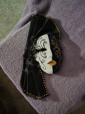 Vintage Unique Mardi Gras Style Ceramic Black, Gold, & White Face Mask  - Image 1 of 4