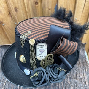 Unique Black Brown Steampunk Top Hat Striped feathers Roses 57cm (30) - Picture 1 of 8