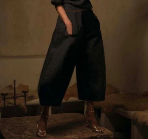 ZARA NEW WOMAN MID-RISE ZW COLL LINEN VOLUME PANTS WIDE-LEG BLACK 8361/945/800 - Picture 1 of 2
