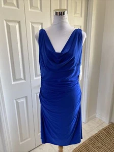 NWT Lauren by Ralph Lauren Cobalt Blue Draped Neck Side Ruched Dress 14 $124 - Picture 1 of 8