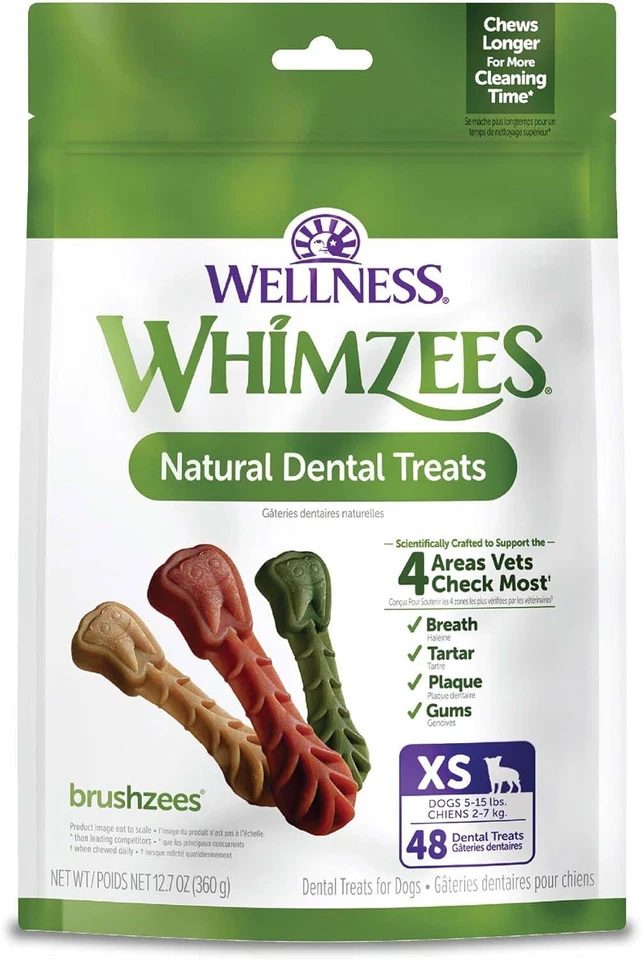 Paquete de 48 golosinas dentales naturales para perros Whimzees Wellness refrescan la respiración de larga duración Foto 1 de 4
