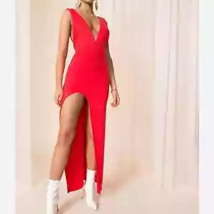 Superdown nuovo con etichetta taglia large Erica deep V jersey maxi rosso maxi, gamba lunga spaccata - Foto 1 di 15
