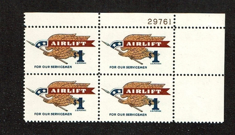 1968 U.S. COMMEM $1.00 AIRLIFT Plt#BLK of 4 Sc#1341 M/NH/OG ^ VIETNAM ERA - Image 1 of 1