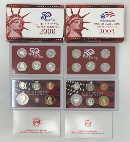 2000 + 2004 United States Mint Silver Proof Set Lot w/ Original Box and COA Cover