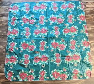 Vintage Vinyl flannel backed Christmas Tablecloth 51" Square Poinsettia Toys - Picture 1 of 6