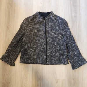 Talbots Blazer Womens 12 Black Tweed Jacket One Button 3/4 Sleeve Ruffle Trim - Picture 1 of 13