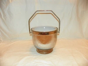 Vintage Ice Bucket Chrome Wood Milk Glass Handle - Picture 1 of 5