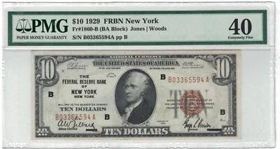 $10 1929  FRBN New York New York PMG 40 Extremely Fine! - Image 1 of 2