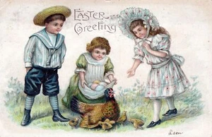 EASTER - Three Children, Chicken And Chicks Postcard - 1907 - Picture 1 of 2