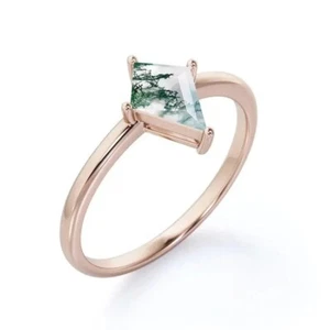 Kite Cut Natural Moss Agate Prong Set Solitaire Engagement 925 Silver Rings - Picture 1 of 5