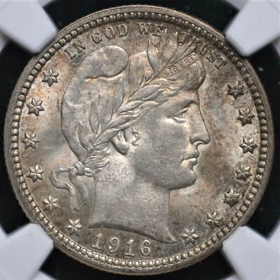 1916 D BARBER QUARTER NGC MS 63 EXCELLENT LUSTROUS MINT BLOOM BENEATH SOME - Image 1 of 4