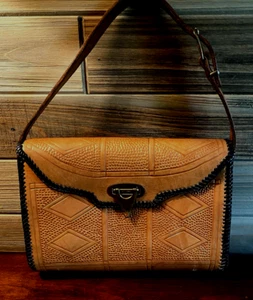 Vintage Tan Leather Hand Tooled Diamond Design Handbag Envelope Purse - Picture 1 of 16