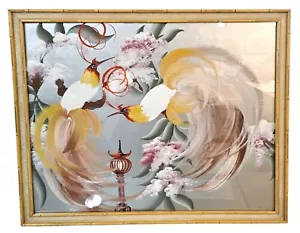 Vintage 1950s Birds Of Paradise Original Painting Signed MCM Bamboo Framed - Picture 1 of 8