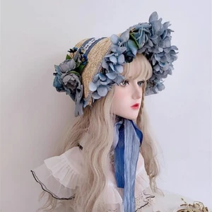 Victorian Women Poke Bonnet Hat Blue flroal Trim Regency Era Bonnet Straw Hat - Picture 1 of 10