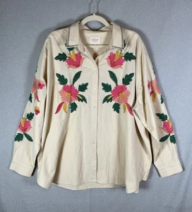 Sezane Maxy Top Shirt Oversize beige passt ab 16 Blumen bestickt Knopfleiste - Bild 1 von 15