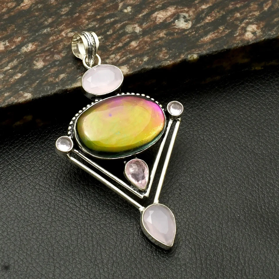 Подарок ювелирная подвеска с титановой аурой кварцем розовым халцедоном драгоценными камнями 3,2 дюйма AP-38151 - Изображение 1 из 1