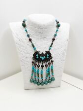 Retro Bohemian Arty Faux Turquoise Statement Tasseled Pendant Beads Necklace