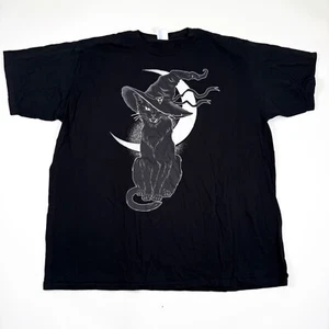 Vintage Halloween Black Cat Costume Witch Hat & Moon Unisex Black T-Shirt 2XL - Picture 1 of 6