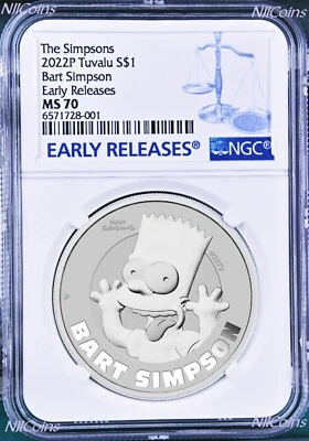 2022 Bart Simpson Simpsons $1 1oz .9999 Silver COIN NGC MS70 ER - Image 1 of 2