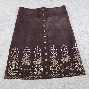 Arden B Leather Mini Skirt Size 4 Brown Embroidered Floral Geometric Academia - Picture 1 of 10