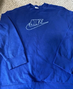 VINTAGE NIKE LARGE CHECK SPELL OUT BLUE CREWNECK SWEATSHIRT BOYS SZ 10 12 - Picture 1 of 3