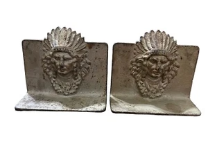 Vintage Pair of Gray Cast Iron Native American Indian Head Bookends - Picture 1 of 11