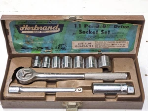 Vintage Herbrand 10Pc 3/8" Drive SAE Socket Set Ratchet Extension Spark Plug USA - Picture 1 of 15